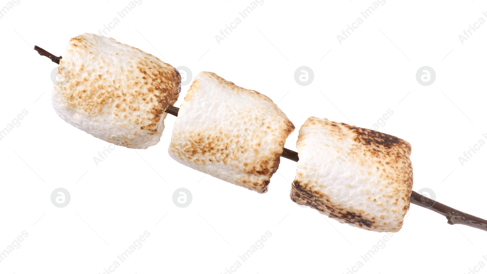 Photo of Twig with roasted marshmallows isolated on white