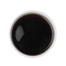 Photo of Styrofoam cup with coffee isolated on white, top view