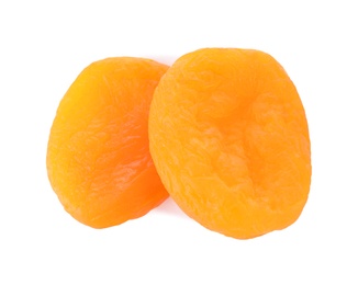 Photo of Tasty apricots on white background, top view. Dried fruit as healthy food