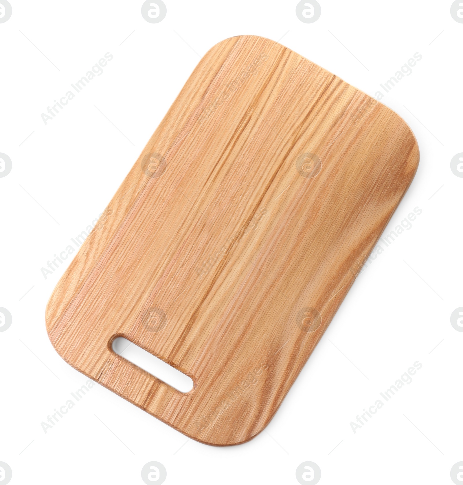 Photo of One wooden cutting board on white background, top view