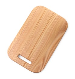 One wooden cutting board on white background, top view