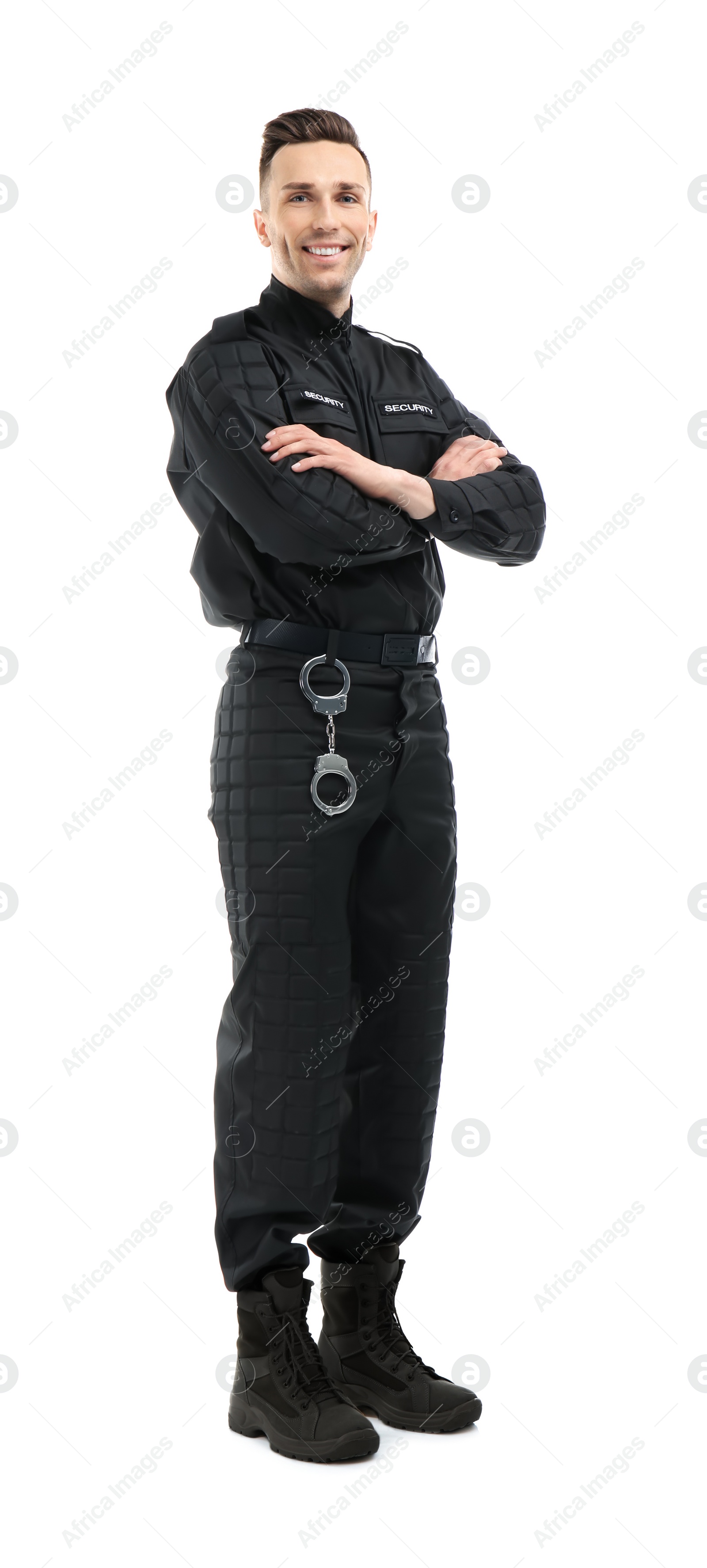 Photo of Male security guard in uniform on white background