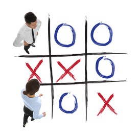Image of People and illustration of tic-tac-toe game on white background, above view. Business strategy concept 
