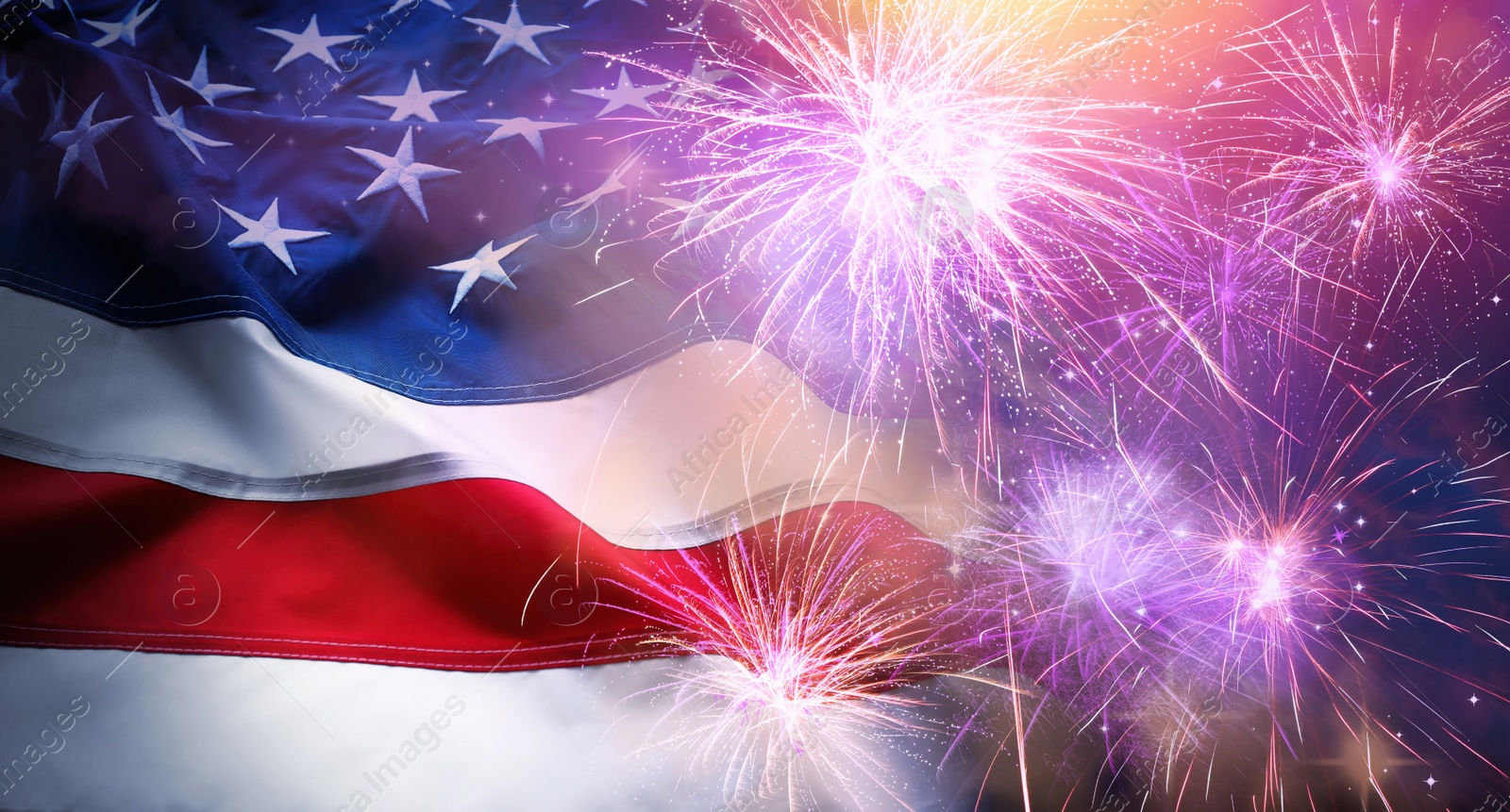 Image of American flag and fireworks, banner design. Independence Day of USA