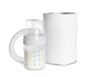 Photo of Blank can of powdered infant formula with feeding bottle on white background. Baby milk