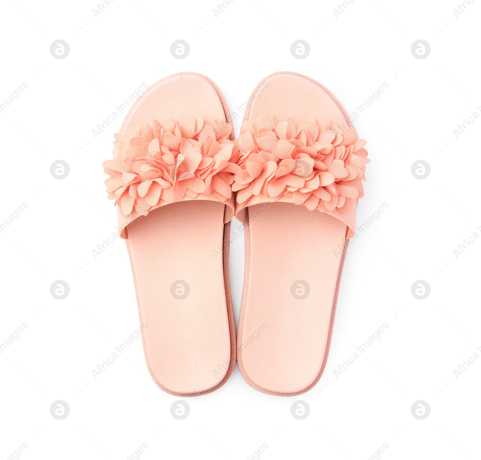 Photo of Stylish slippers isolated on white, top view