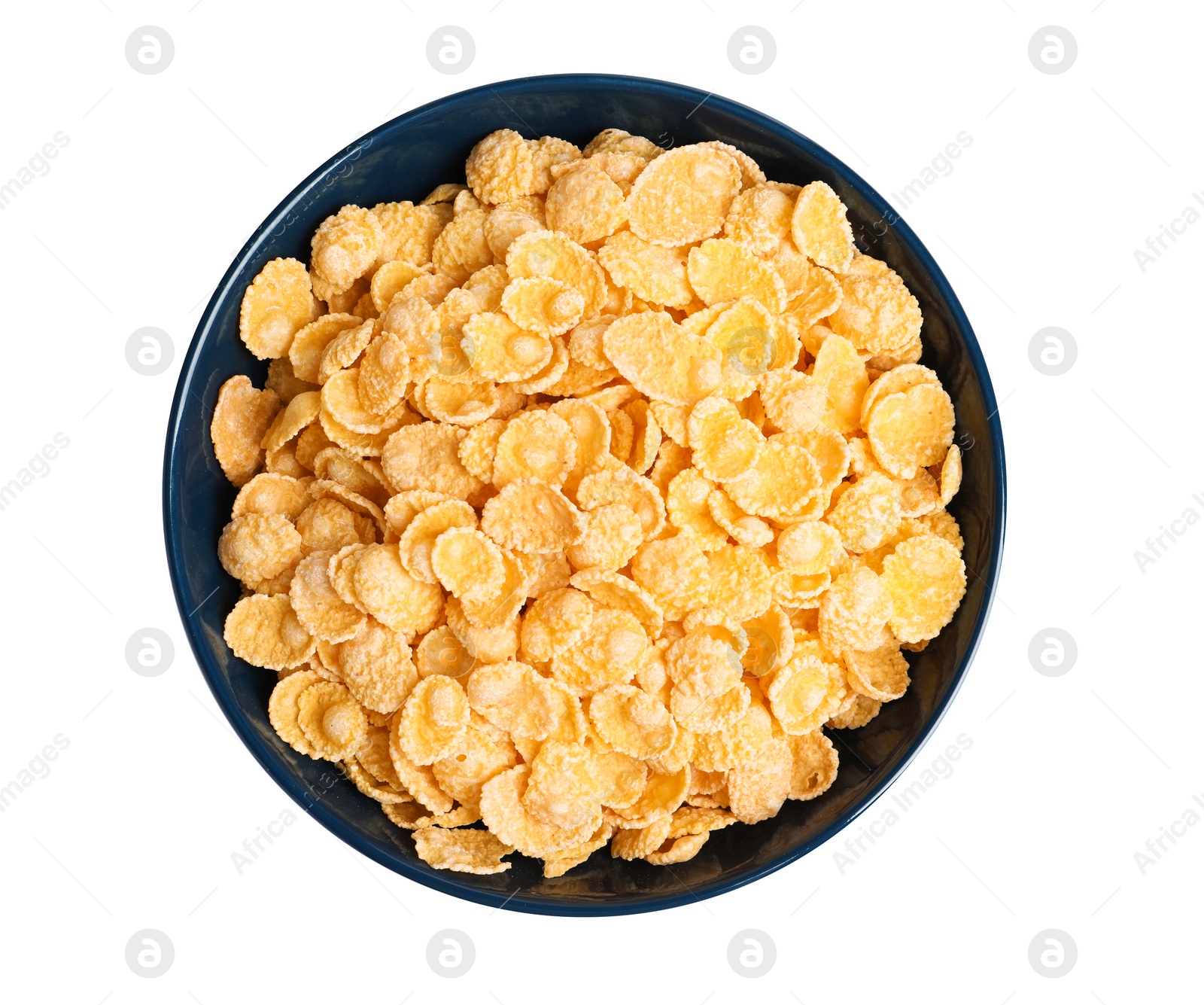 Photo of Bowl with crispy cornflakes on white background, top view