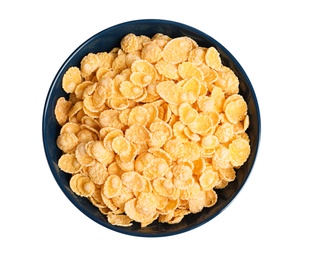 Photo of Bowl with crispy cornflakes on white background, top view