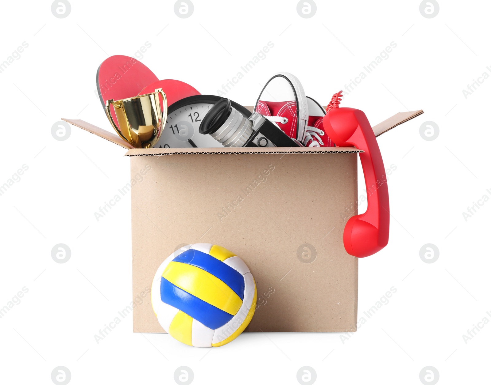 Photo of Box with unwanted stuff isolated on white