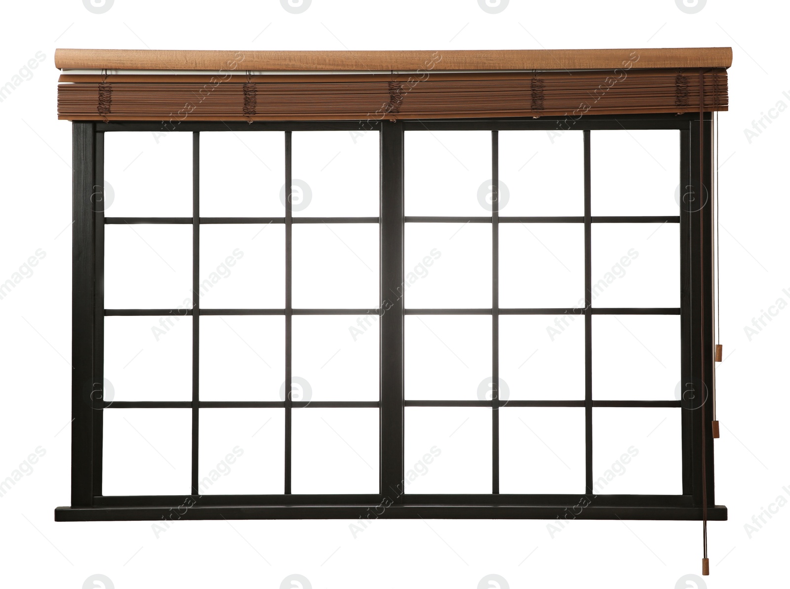 Image of Modern window with open brown blinds on white background