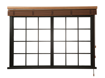 Image of Modern window with open brown blinds on white background