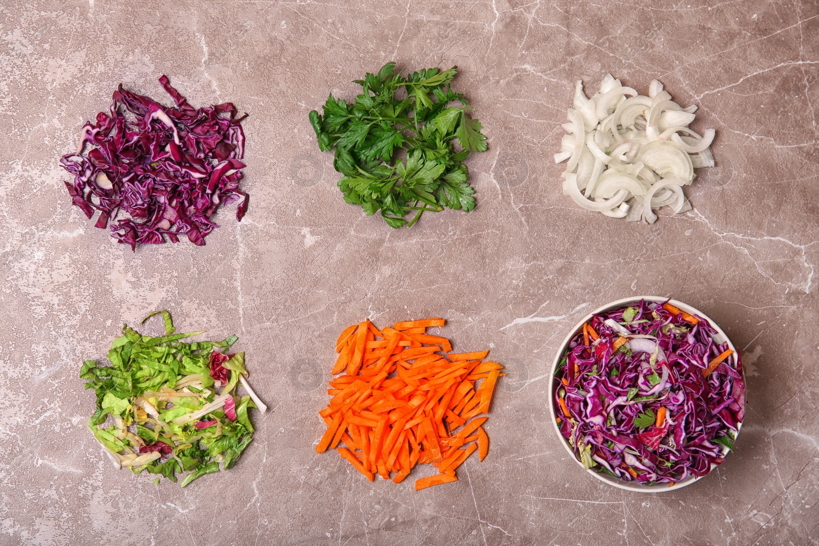 Photo of Flat lay composition with ripe red cabbage on table