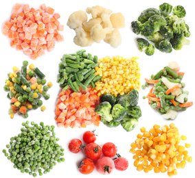 Image of Set of different frozen vegetables on white background, top view