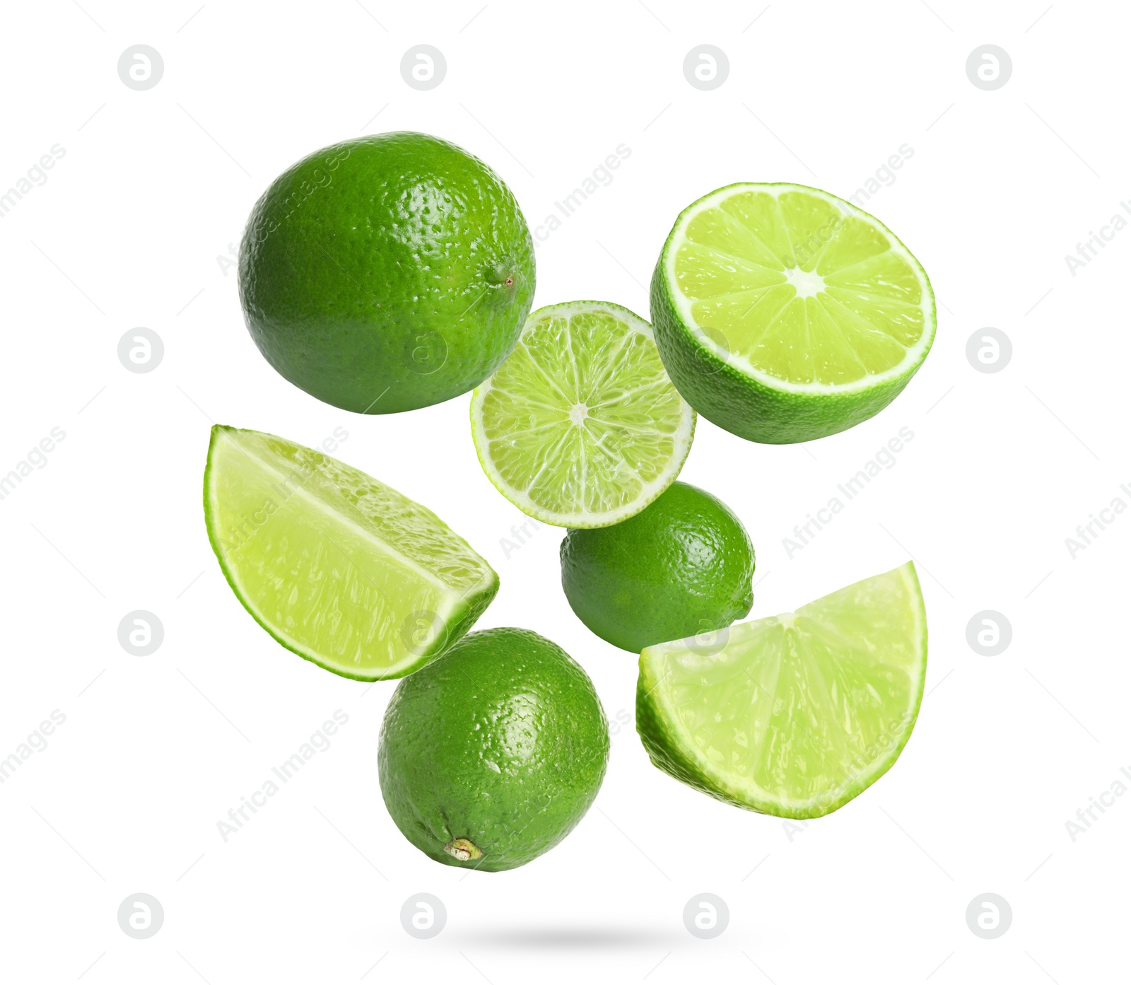 Image of Fresh lime fruits falling on white background