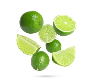 Image of Fresh lime fruits falling on white background