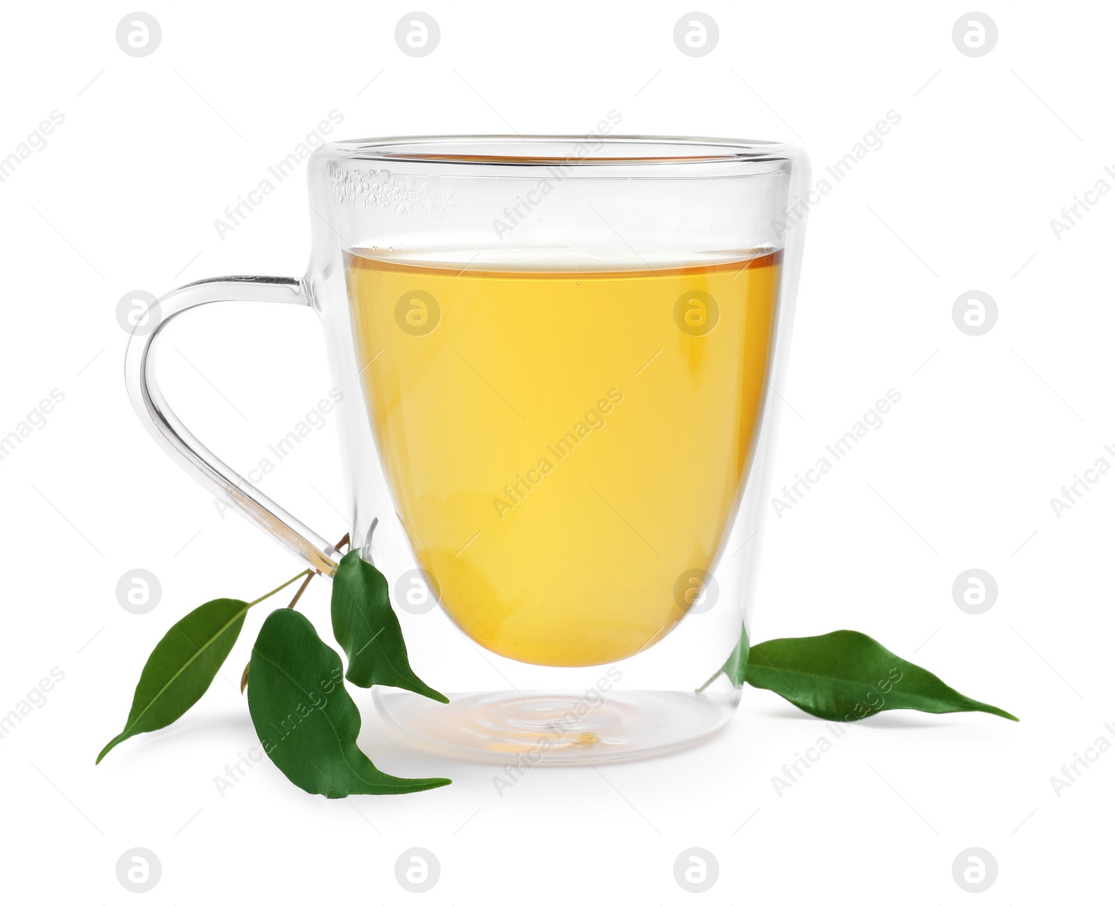 Photo of Fresh green tea in glass mug and leaves isolated on white