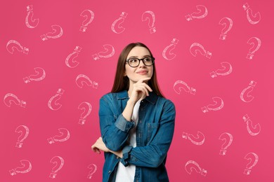 Image of Choice in profession or other areas of life, concept. Making decision, thoughtful young woman surrounded by drawn question marks on pink background