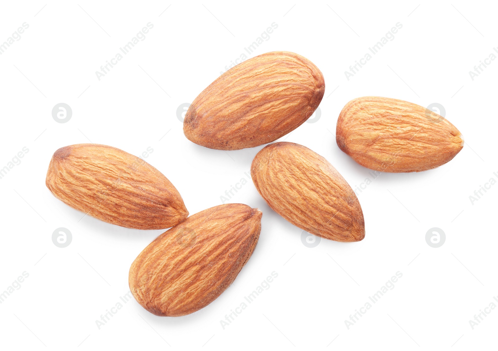 Photo of Organic almond nuts on white background, top view. Healthy snack