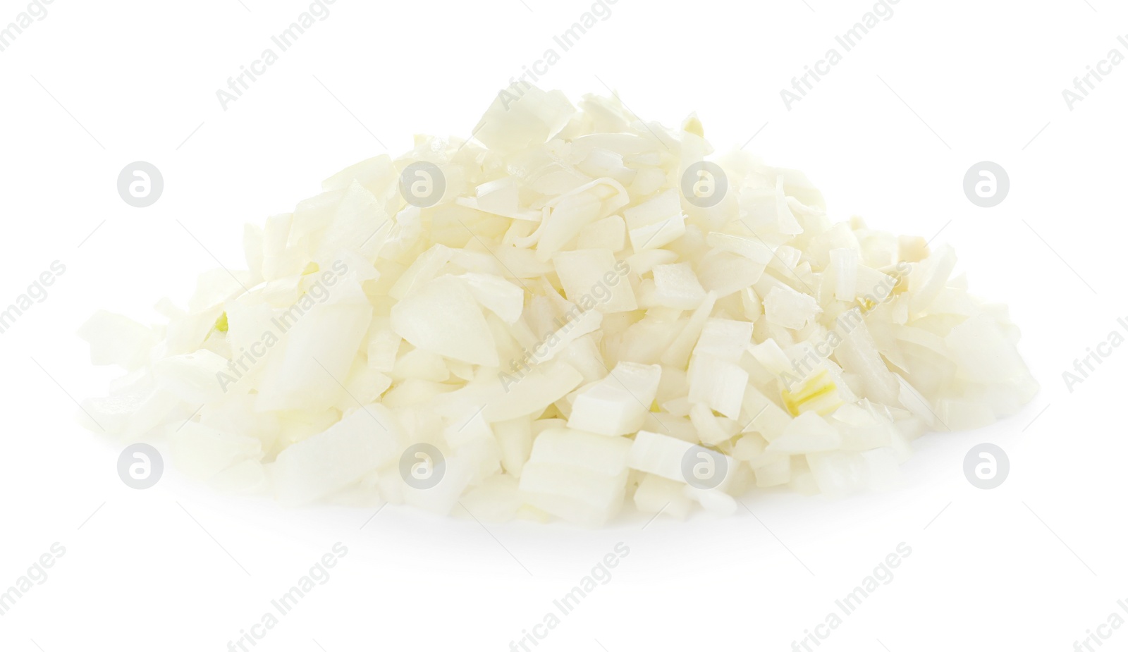 Photo of Pile of chopped onion on white background