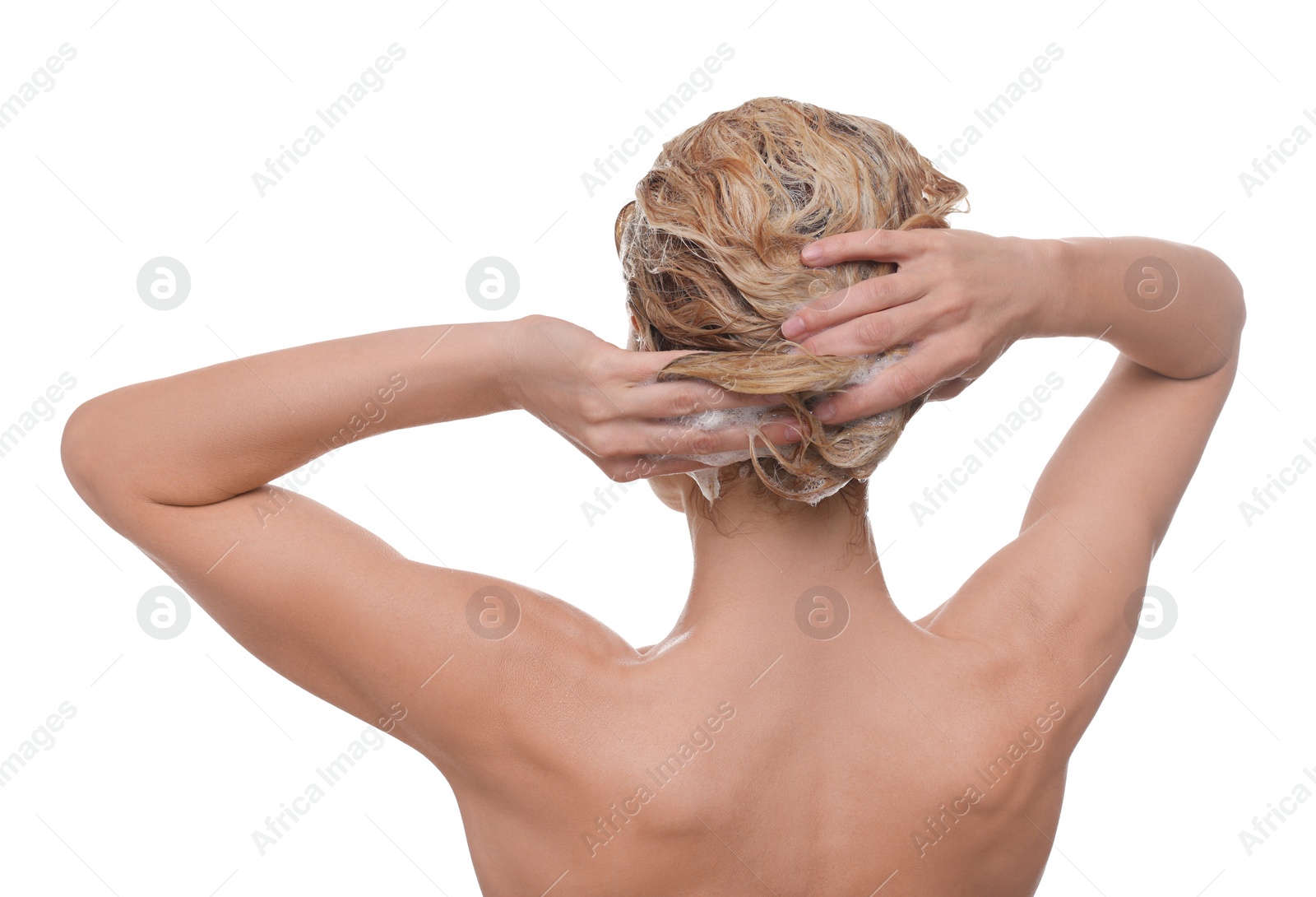 Photo of Woman washing hair on white background, back view