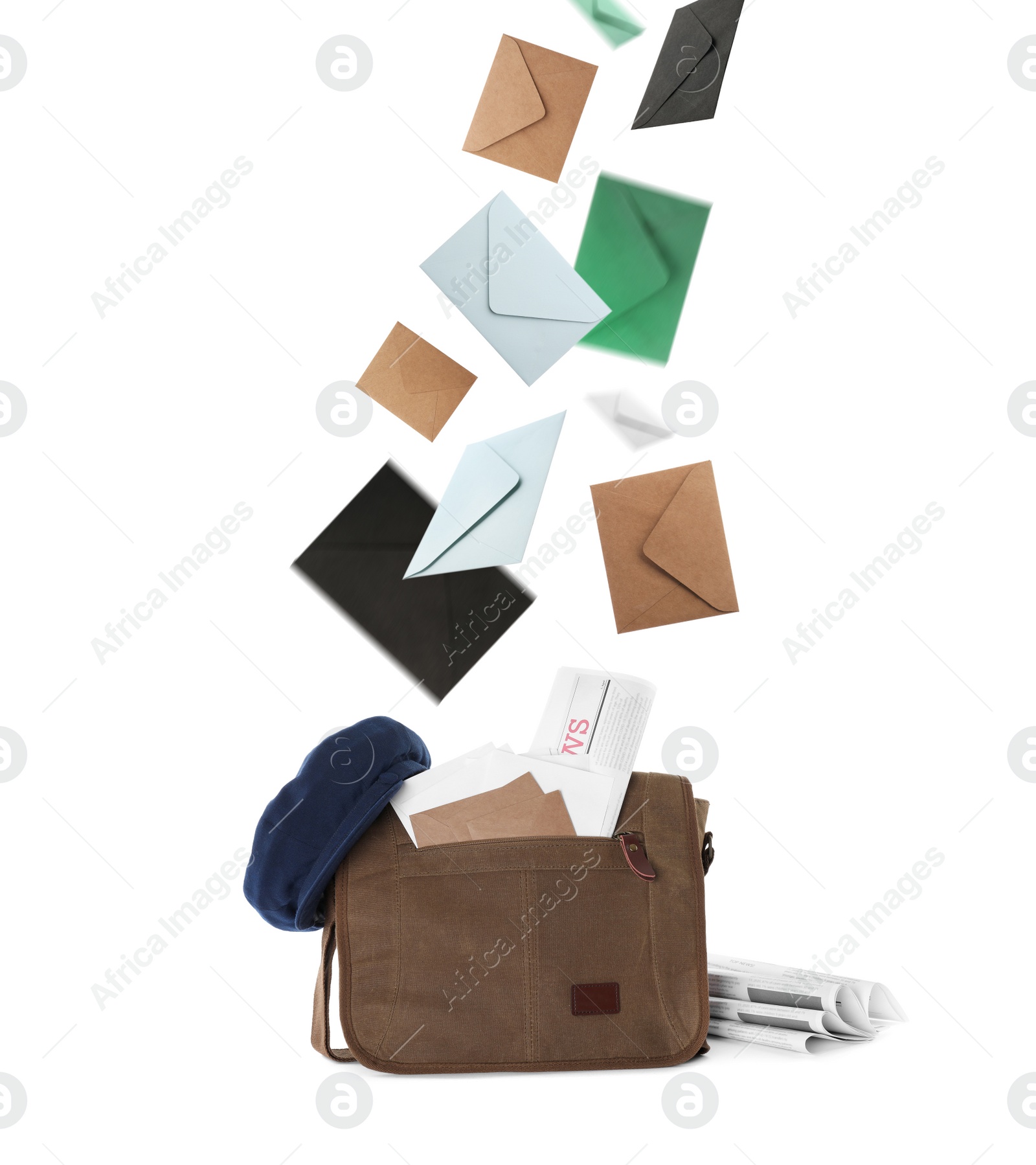 Image of Many different envelopes falling into brown postman's bag on white background