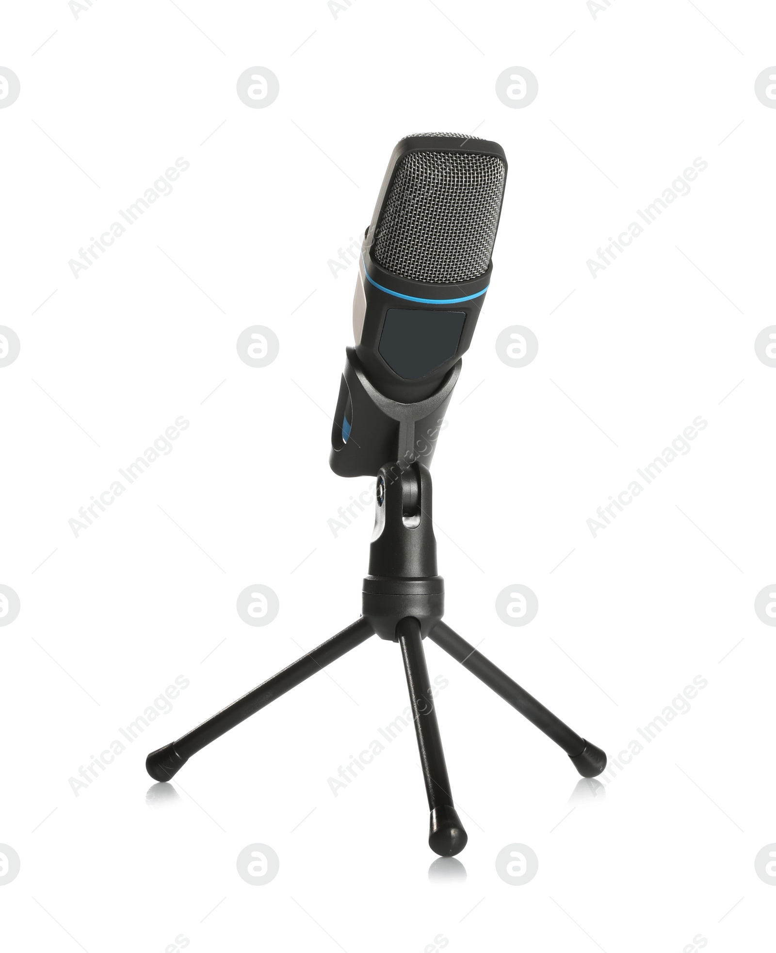 Photo of Modern microphone isolated on white. Journalist's equipment