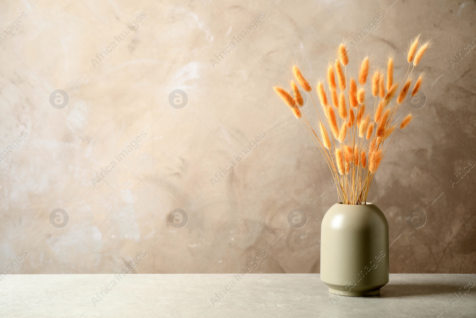 Photo of Dried flowers in vase on table against beige background. Space for text