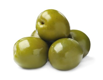 Photo of Many fresh green olives on white background