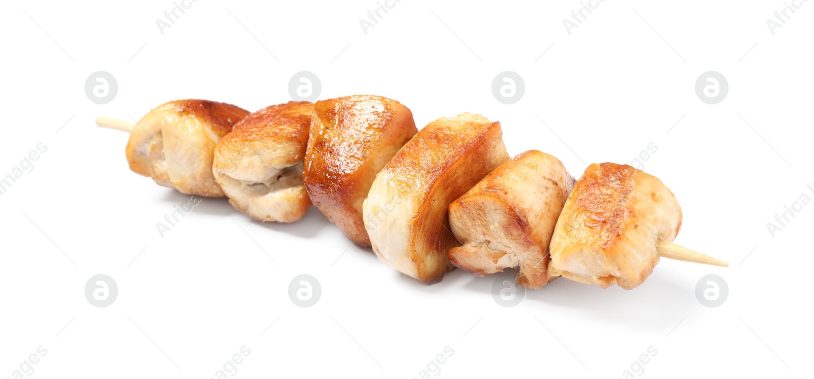 Photo of Delicious chicken shish kebab on white background