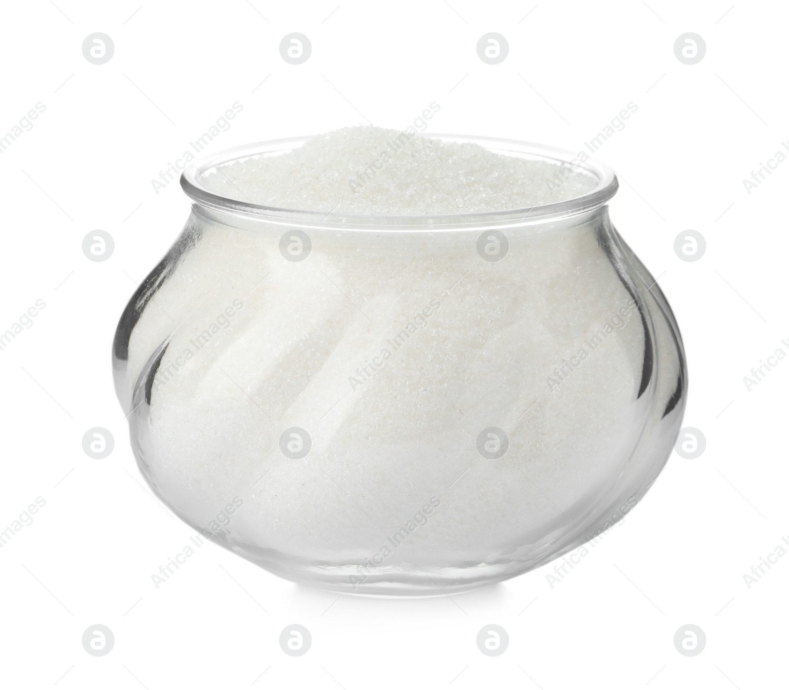 Photo of Glass bowl with sugar isolated on white