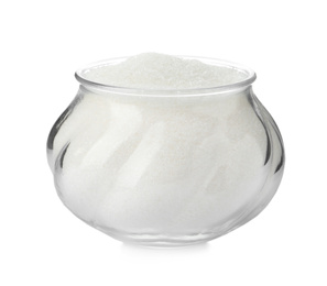 Glass bowl with sugar isolated on white