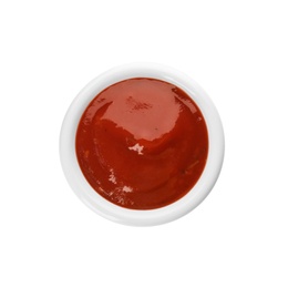 Photo of Bowl of spicy chili sauce on white background, top view