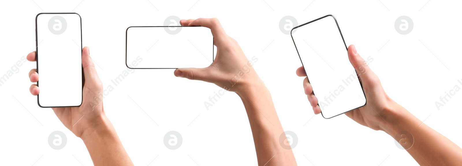 Image of Man holding phone with blank screen on white background, closeup. Set of photos