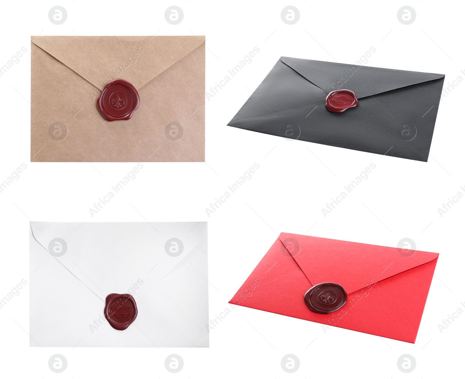 Image of Different envelopes with wax seals on white background, collage