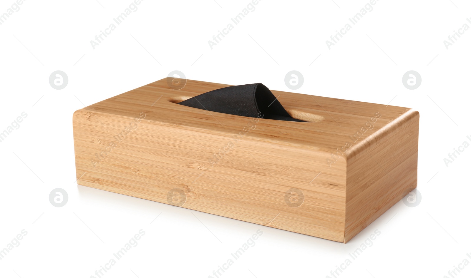 Photo of Wooden napkin holder with paper serviettes on white background