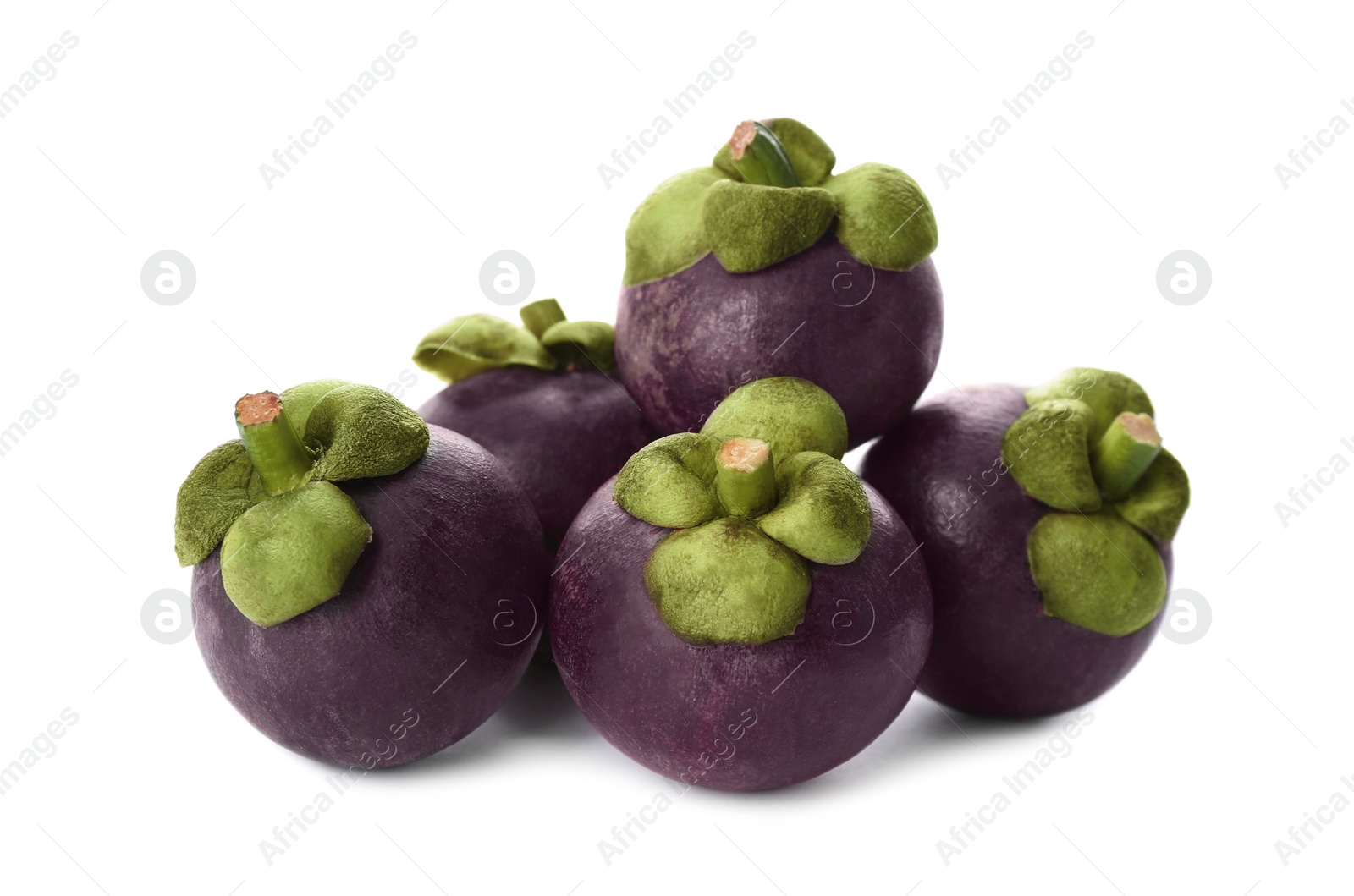 Photo of Fresh ripe mangosteen fruits on white background