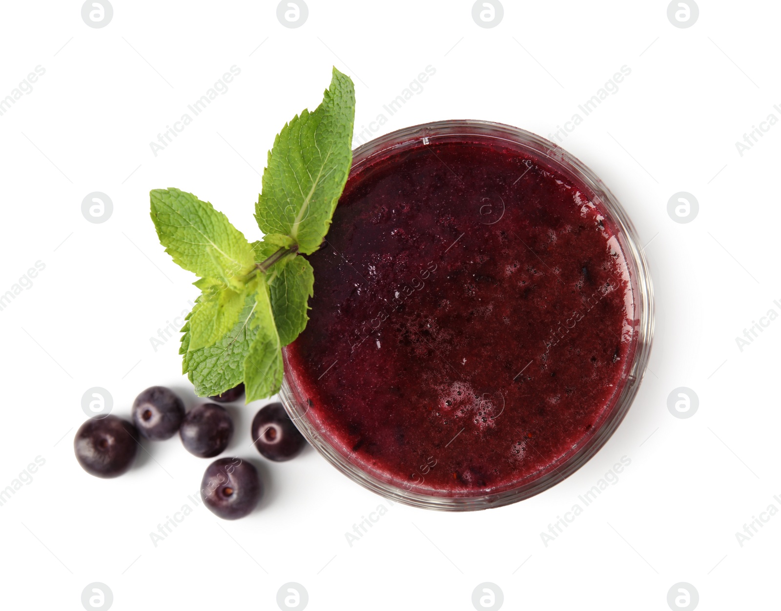 Photo of Glass with delicious acai smoothie on white background