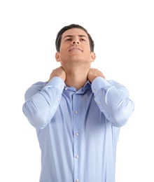 Photo of Young man suffering from neck pain on white background