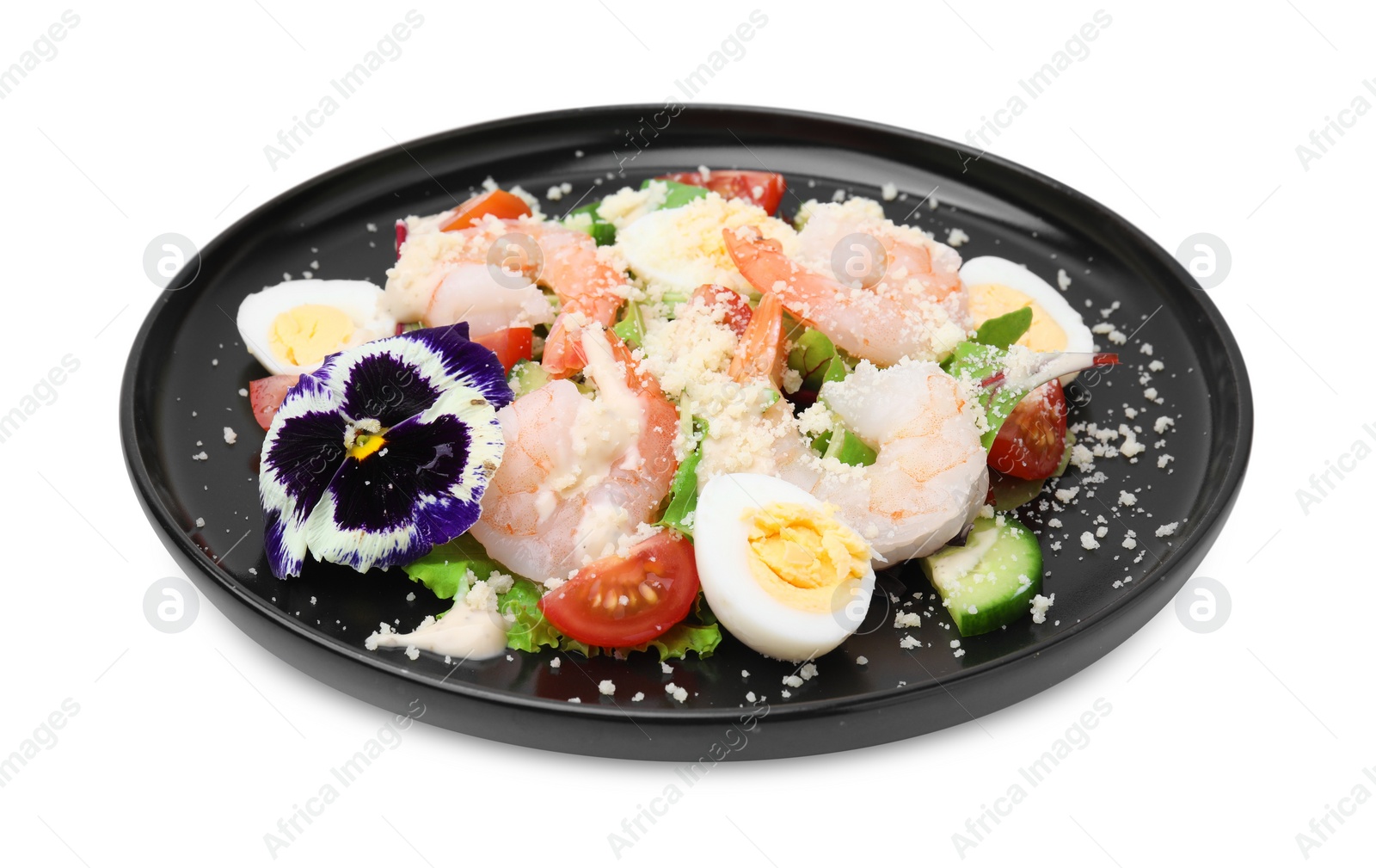 Photo of Delicious Caesar salad with shrimps isolated on white