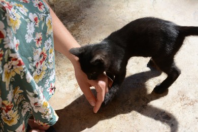 Photo of Woman playing with black kitten outdoors, closeup