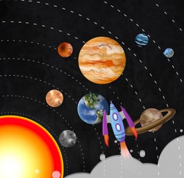 Rocket, planets and sun in space. Solar system