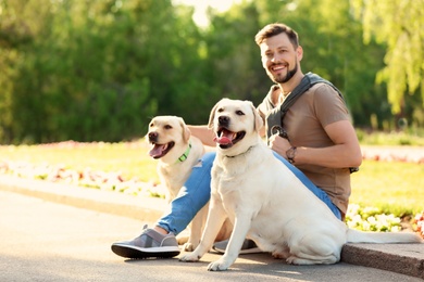 Photo of Cute yellow labrador retrievers with owner outdoors