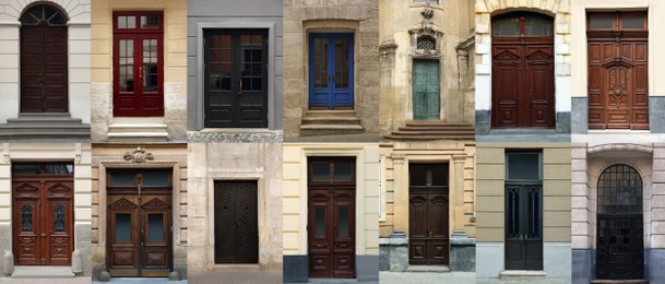 Image of Collage with photos of old buildings with elegant wooden front doors. Banner design