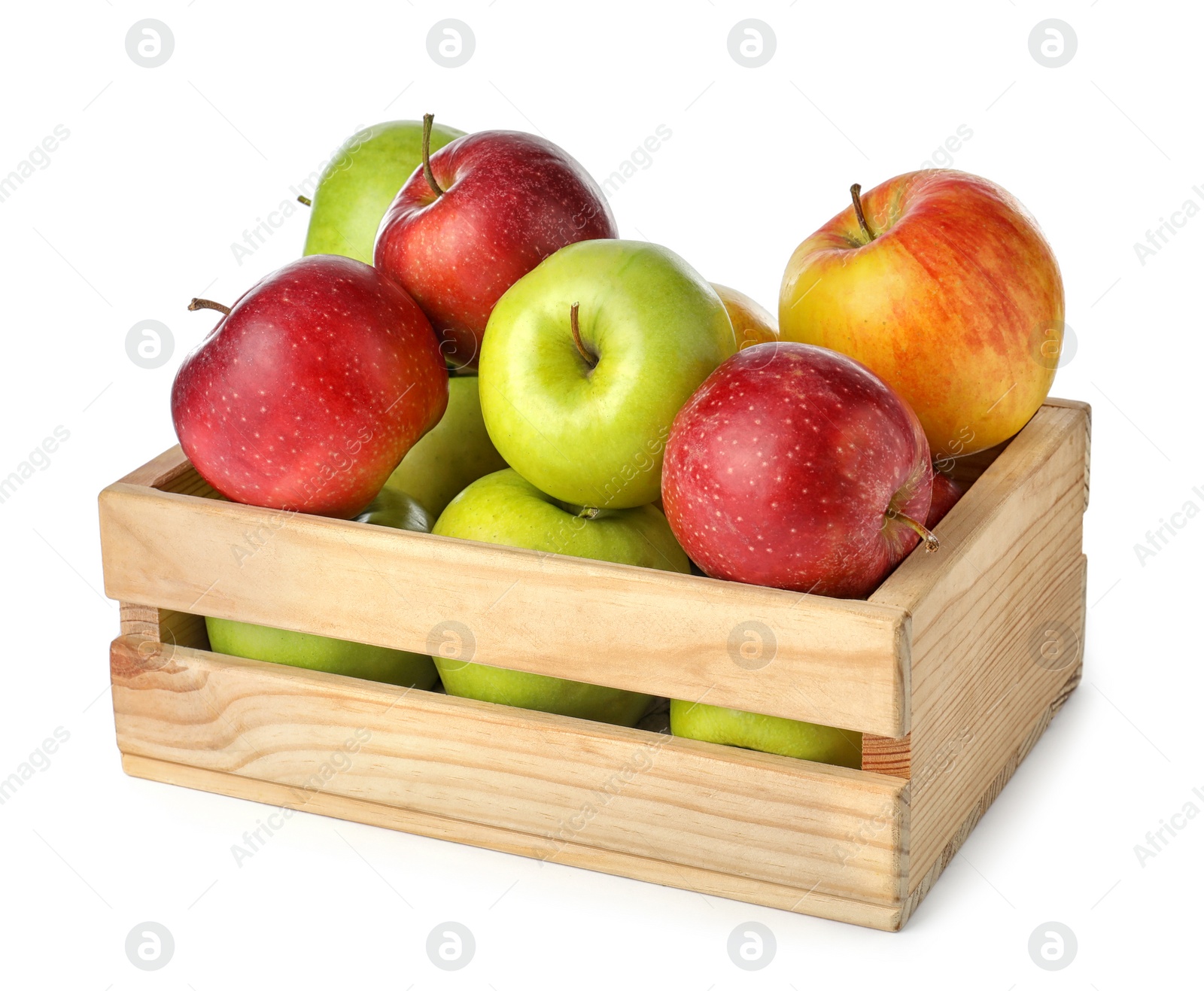 Photo of Wooden crate full of fresh apples on white background