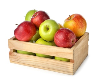 Wooden crate full of fresh apples on white background