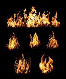 Image of Collection of bright fire flames on black background