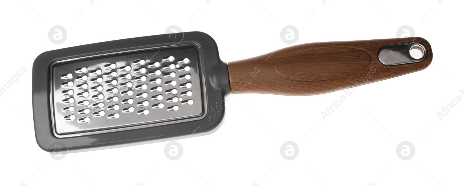 Photo of One metal grater for cheese isolated on white, top view