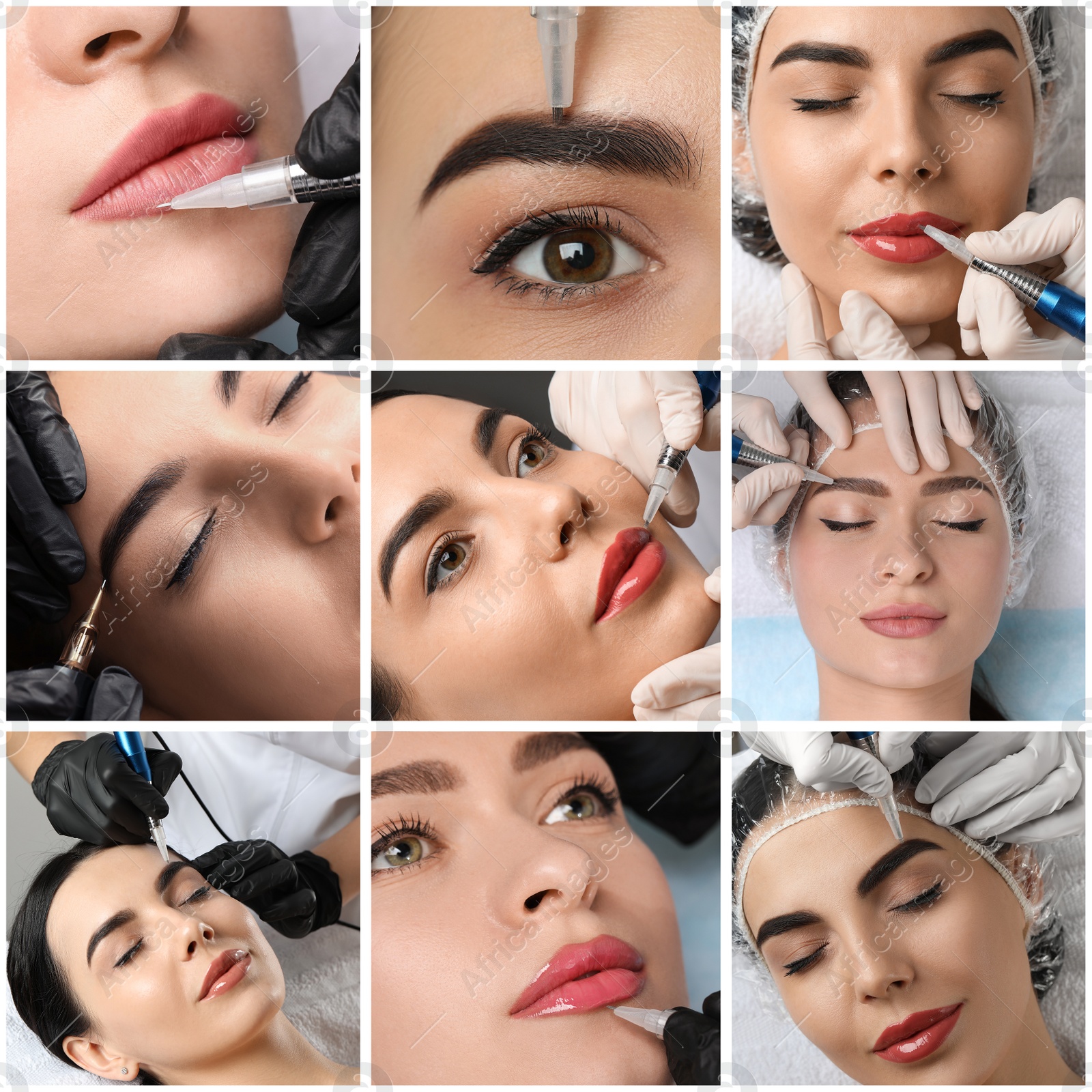 Image of Collage with different photos of women undergoing permanent makeup procedures