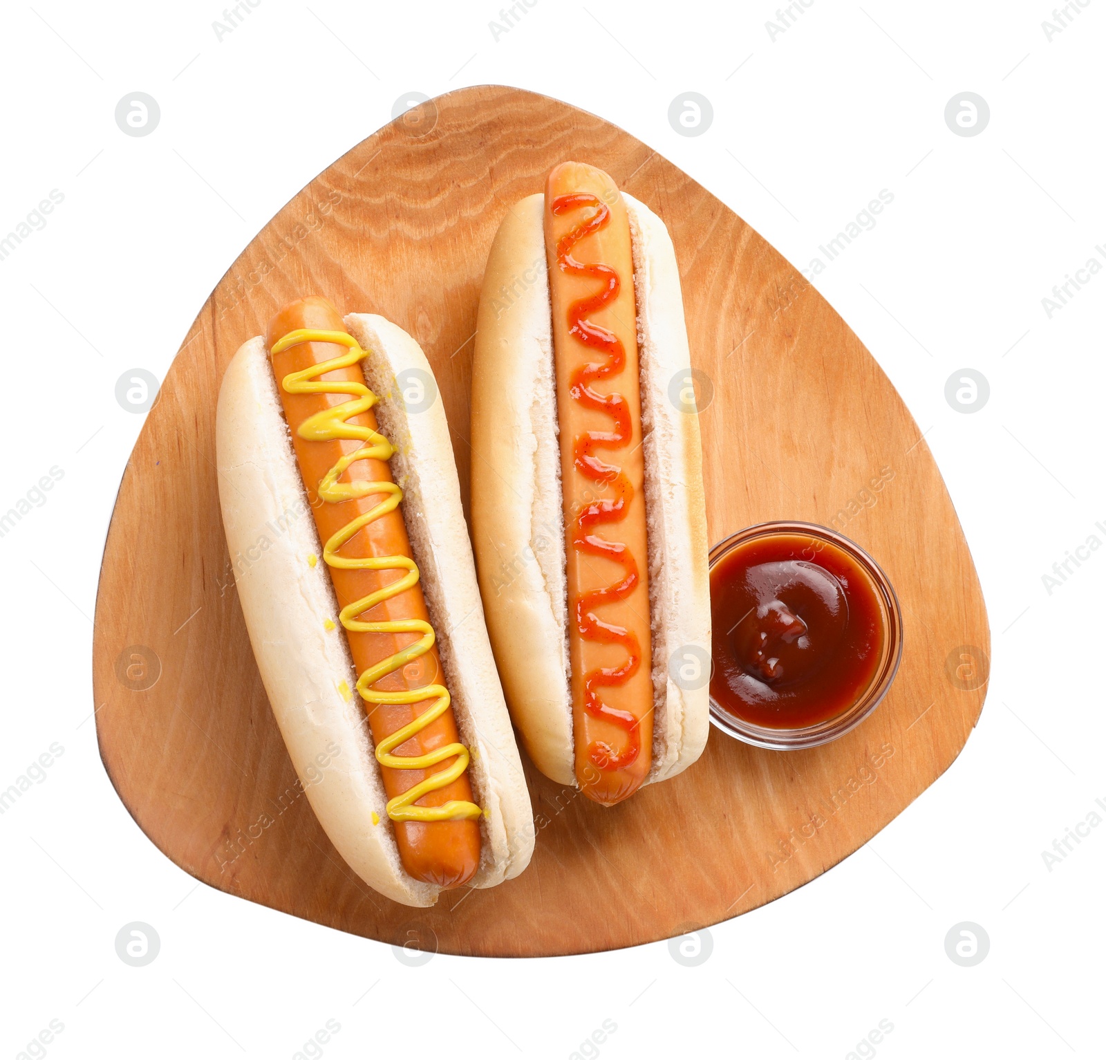 Photo of Tasty hot dogs with ketchup and mustard isolated on white, top view