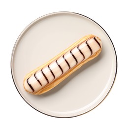 Photo of Delicious eclair covered with glaze isolated on white, top view